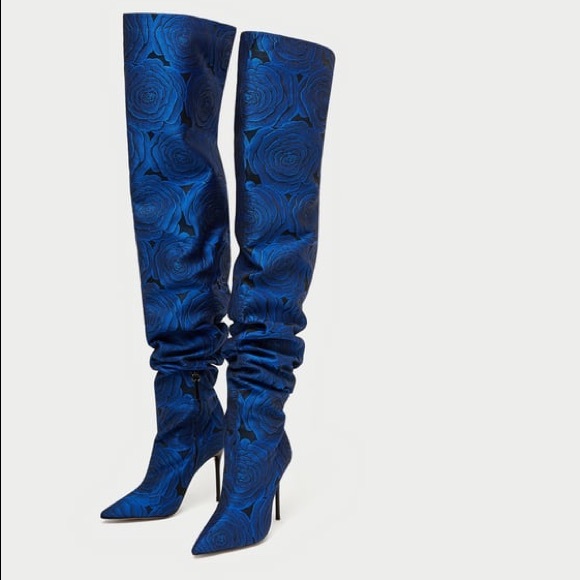 Zara Shoes - Zara Floral Over the Knee Fabric High Heel Boots